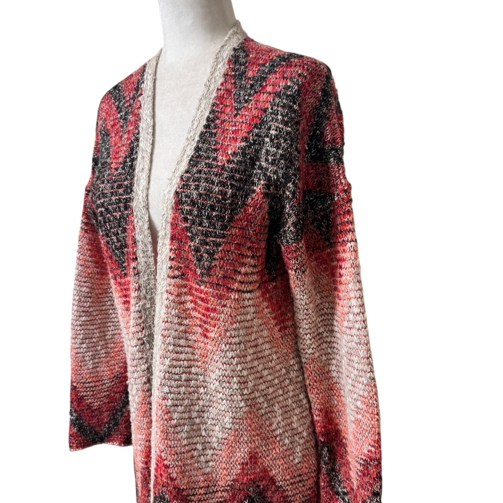 Lucky Brand Long Cardigan Medium  Red /Grey Aztec Fringe Duster western  Sweater - Picture 5 of 9